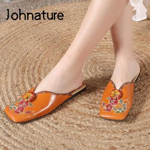 Johnature Print Slippers 2020 New Spring Summer Women Shoes Genuine Leather Flat With Slides Sewing Handmade Ladies Slippers