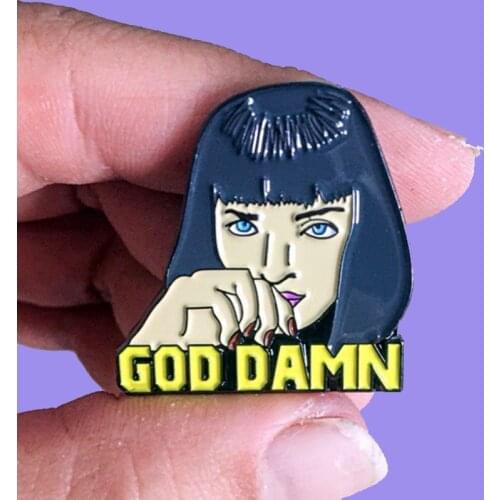 Classic Movie Mia Wallace God Damn Brooch Pins Enamel Metal Badges Lapel Pin Brooches Jackets Fashion Jewelry Accessories