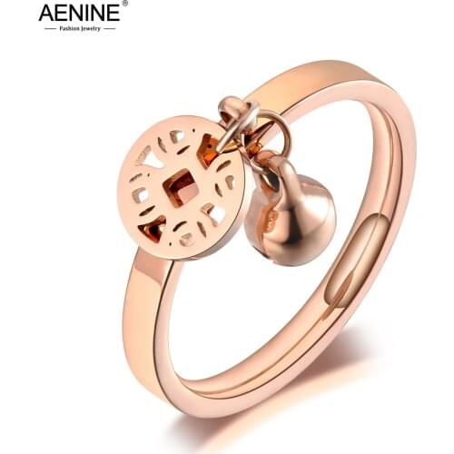 AENINE Titanium Stainless Steel Ancient Coins & Bells Ring Trendy Rose Gold Chinese Ethnic Rings Jewelry For Women Girls AR19085