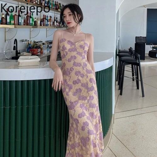 Korejepo Women Dress 2021 Summer New French Retro Sexy Fairy Floral Lace Sling Waist Thin Temperament Seaside Holiday Long Dress
