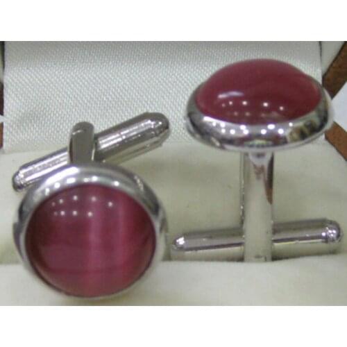 Fashionable silver plated 15mm Round Pink Opal Cufflinks