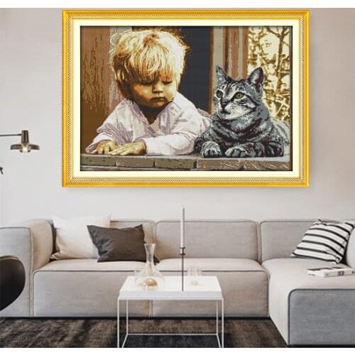 HUACAN DIY Cross-Stitch Figure Kits White Canvas Cross Stitch Boy Embroidery Needlework Sets 11CT 14CT Gift Home Decoration