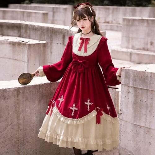 Star Cross Original Design Womens Lolita Princess Dress Bows Sweet Gorgerous Long Sleeve One Piece Elegant Girl