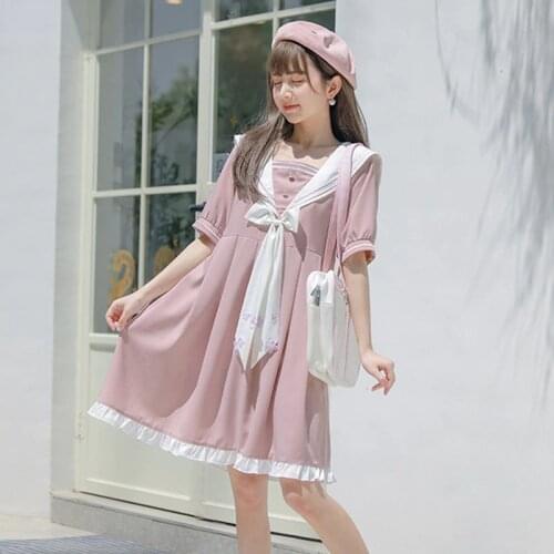 2021 Sailor Collar Puff Sleeve Girl White Pink Flower Dress Harajuku Kawaii Vintage Cosplay Lolita Clothes Women Beach Sundress