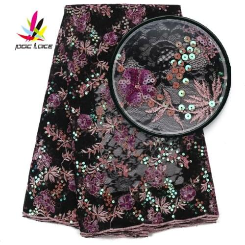Popular Net Lace Sequence Fabrics Nigerian Sequins Lace Fabrics High Quality French Mesh Lace Fabric for Wedding Party XZ2991B-4