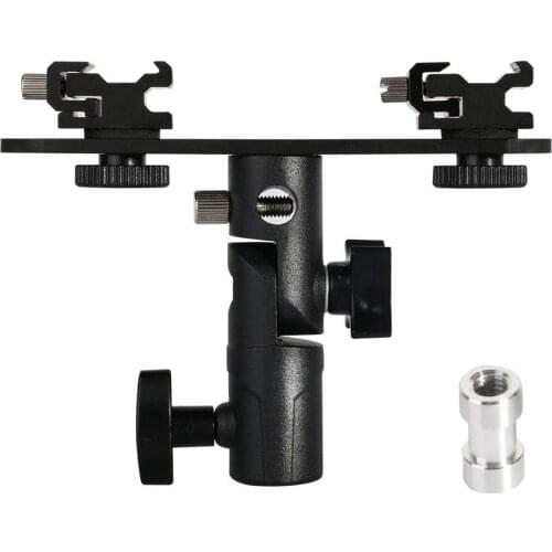 Adjustable Double Flash Bracket Dual Hot Shoe Speedlight Stand Umbrella Holder Light Stand Bracket Mount 1/4" to 3/8'' for Studi