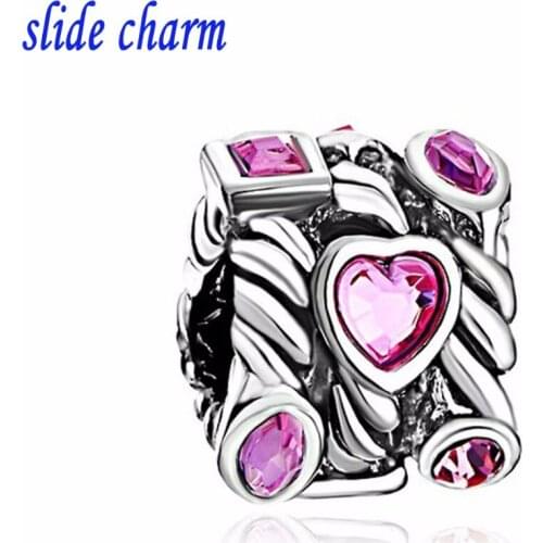 Slide charm Free shipping Valentine Mosaic pink crystal love you for life DIY charm beads fit Pandora charm bracelets