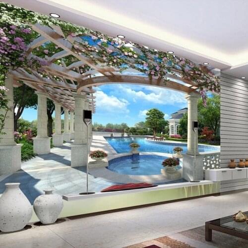 Custom Modern Luxury Mural Self Adhesive Wallpaper 3D Villa Swimming Pool Garden Wall Mural Photo Papel De Parede Home Decor