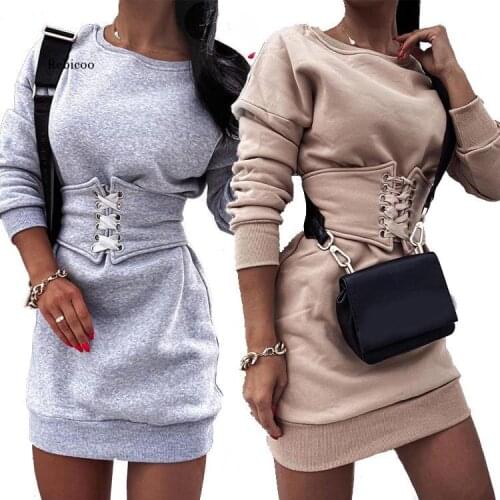 Autumn Long Sweatshirt with Waist Belt Womens Long Sleeve Cotton Thick Mini Dresses Pullover Sexy Bodycon Dress No Hoodies