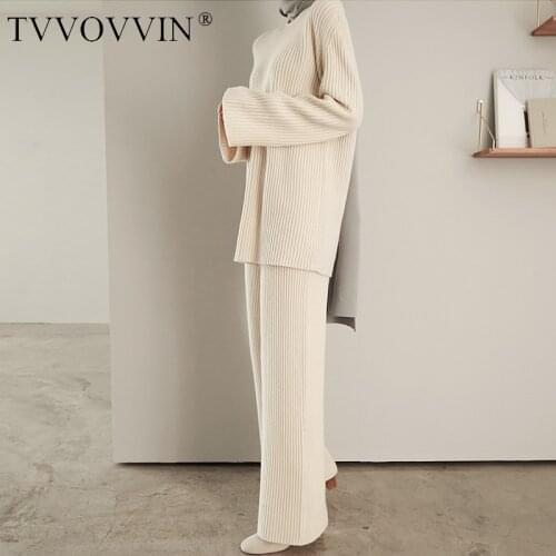 TVVOVVIN Woman O-neck Solid Color Pullover Sweater High Waist Wide Leg Pants 2 Piece Set Women 2020 Knitting Sets E269