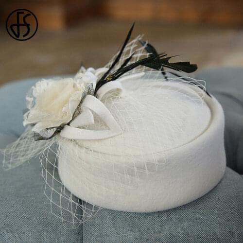 FS Wool Fascinators Fedoras Hat For Women Fashion BowKnot Cap Vintage Elegant Female Cap Weddings Church Derby Girls Chapeu Gauz