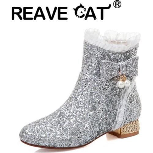 REAVE CAT Princess Lace Ankle Boots Bowtie Pearl Crystal Sequined Cloth Round Toe Zip 2.5cm Short Heel US12 Pink Silver A4212