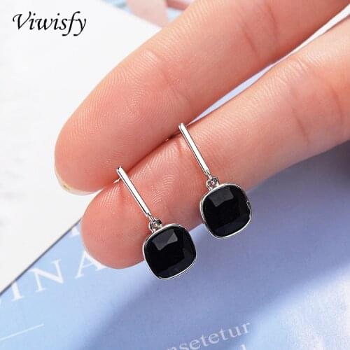 Viwisfy Square Black Crystal Stud Solid 925 Sterling Silver Earrings For Women VW21055