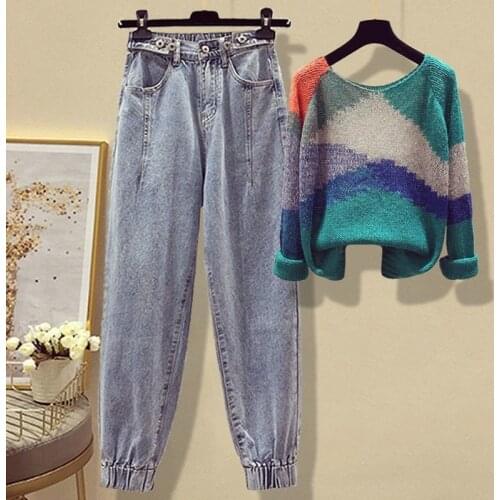 Two-piece Plus Size Womens 100kg Autumn Suit Loose Color Matching Sweater High-waist Denim Trousers Two-piece Suit