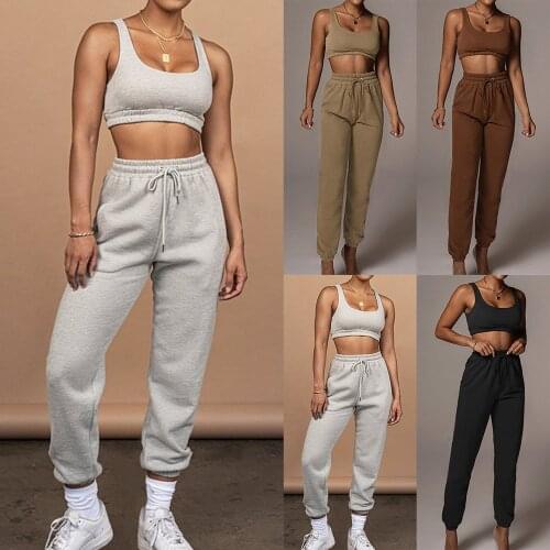 2021 Summer Autumn Casual Sport Set Womens Crop Top Pants Set Vest Tie-Up Pants Two-Piece Suit Ship in 24 hours