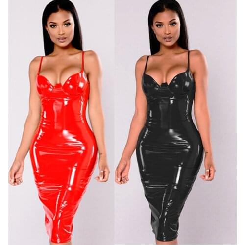 Vinyl Faux Latex Leather Back Zipper Bodycon Dress Women Spaghetti Strap Slim Party Elegant Backless Sexy Dresses