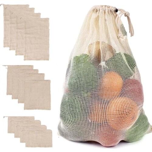 6/10pcs Reusable Cotton Mesh Vegetable Bags for Fruit Vegetable Storage Mesh Bags with Drawstring Shopping Market Bag
