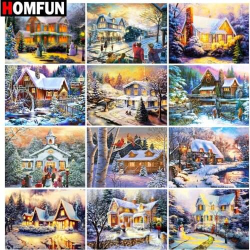 HOMFUN Diamond Painting Full Square/Round Diamond "House winter snow" Pattern Embroidery Cross Stitch 5D Rhinestone Painting