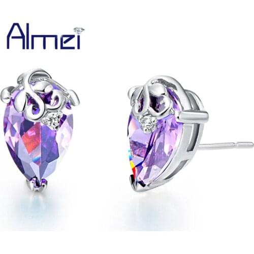Almei Wedding Earings Jewelry Love Heart Crystal Fashion Stud Earing for Women 2017 Blue Purple Stones Cubic Charms New R208