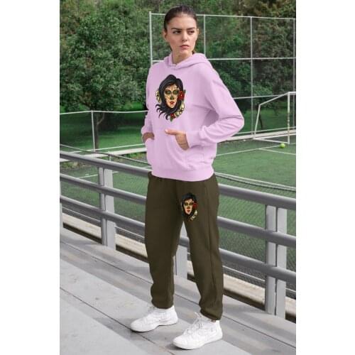 Angemiel Wear Ruhani Meksikalı Beautiful Women Tracksuit Set Pink Hooded Sweatshirt Green Sweatpants
