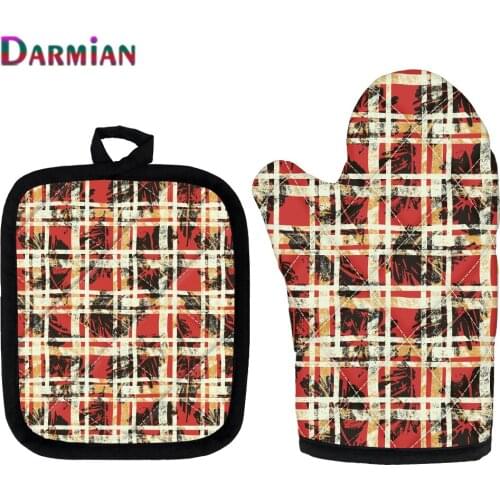 DARMIAN Microwave Oven Gloves Scottish Tartan Hibiscus and Leaves Design Kitchen Cooking Microwave Oven Gloves and Pot Pad Set