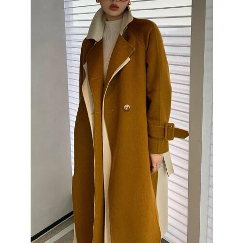Contrasting color double-sided woolen coat womens mid-length contrasting color lace-up waist over-the-knee coat