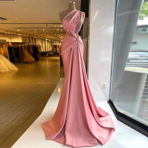 Elegant Pink One Shoulder Mermaid Evening Gowns Sparkly Appliques Ruched Satin Prom Dresses Sweep Train Formal Party Dresses