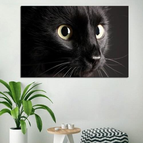 Canvas Wall Art Abstract Black Cat with Big Eyes Animal Decoration Painting Black Pictures for living room