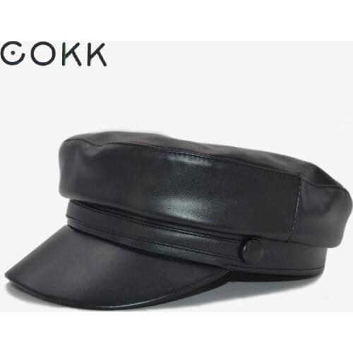 COKK Pu Leather Military Cap Women Fashion Military Hat Gorras Snapback Caps Female Casquette Beret British Style New Brand
