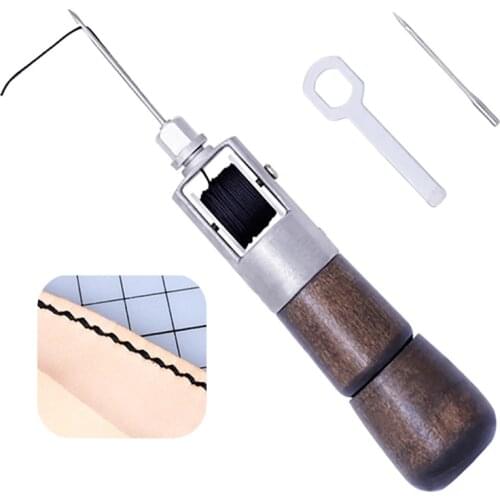 LMDZ 1Pcs Wooden Color Hand Sewing Machine Set,include 1 Coil + 1 wrench + 1 Stitcher Sewing Awl + 2 Needles for Leather DIY