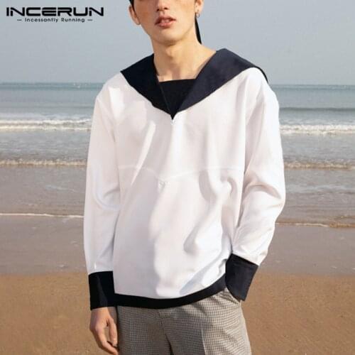 2021 Patchwork Men Casual Shirt V Neck Long Sleeve Japanese Style Preppy Style Leisure Vintage Shirts Streetwear Camisas INCERUN