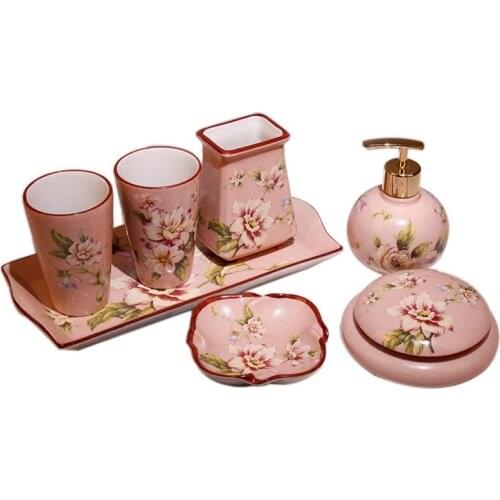 Bathroom Accessories Set Ceramic Soap Dish Soap Dispenser Toothbrush Cup European Style Design Pink High Quality Wedding Gifts