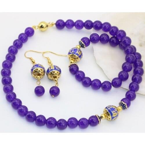 Bohemia style fashion 8mm purple semi-precious stone chalcedony round beads necklace bracelet earrings set jewelry B2676