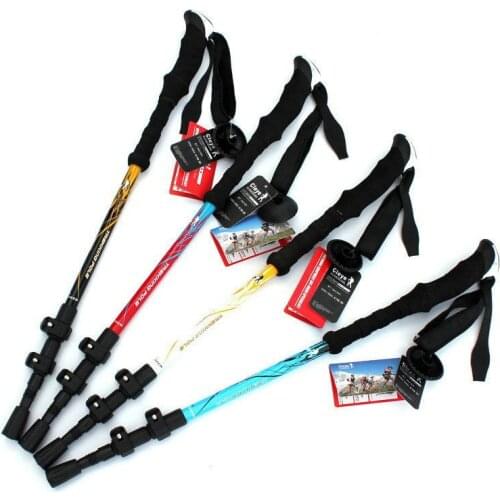 High Quality 2019 Outdoor Super light 7075 air aluminum telescopic climbing rod lock stick rod line mountain trekking Rubber tip