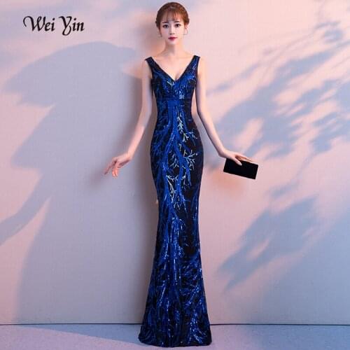 Weiyin 2021 New Double-V Long Evening Dress Robe De Soiree Sexy Backless Luxury Blue Sequin Formal Party Dress Prom Gowns