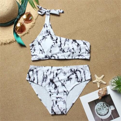 New One Shoulder Bikini Set Marble Swimsuit Women Bandage Beachwear Sexy Print Bathing Suit White Swimwear Bandeau Monokini