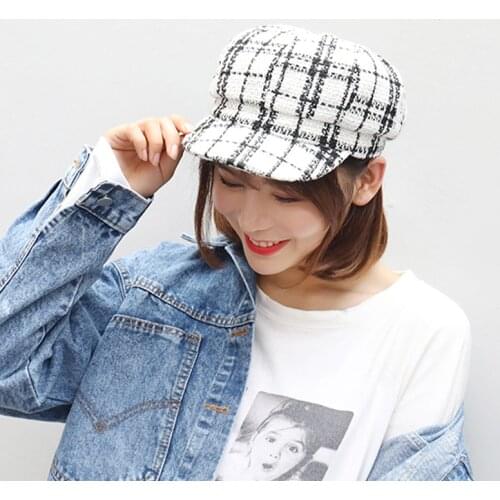 This seasons new womens hat black and white checked octagonal hat Korean version cotton linen artist hat fashion beret
