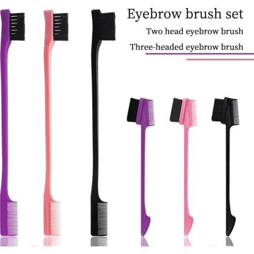 Professional salon eyebrow brush set double-sided edge comb control hair brush three-head eyebrow makeup brush