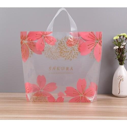 Pink Flower Printed Bags With Handle 30x25x6cm 10pcs Transparent Plastic Handle Bags Clothes Wedding Gift Packaging