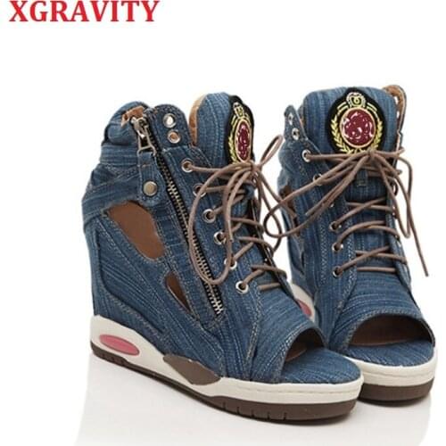 XGRAVITY European American New Open Toe Strap Lady Fashion Wedge Shoes Elegant Comfort Denim Wedges Sandals Female Footwear B057