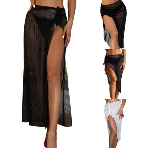 Sexy Women Perspective Bikini Cover Ups, Solid Color Side Split High Waist Drawstring/Tie-up Skirt 2021