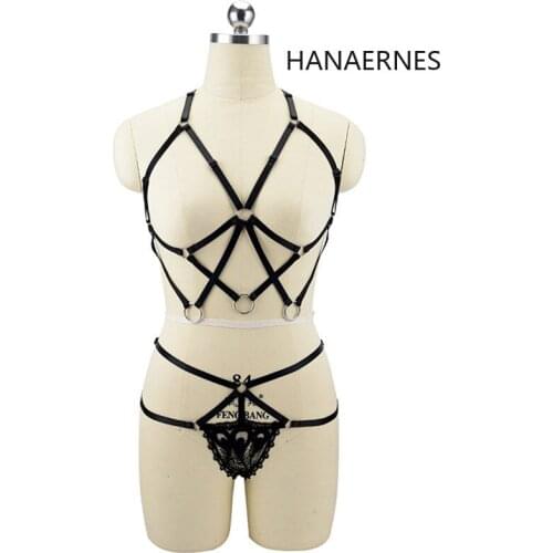 HANAERNES Sexy Lingerie Elastic Black Cupless Bra Bandage Women Lingerie Alluring Bustier Cage Goth Crop Bra Set