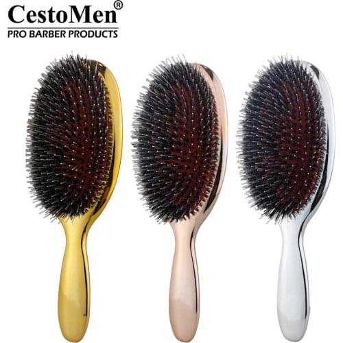 CestoMen Boar Bristles Paddle Hair Brush Massage Comb Anti Static Electroplate Oval Detangling Brush Comb Hair Scalp Care Tool