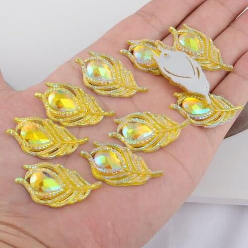 BOLIAO DIY 10Pcs 20*38mm( 0.79*1.5in ) AB Color Peacock Leaf Resin Shining Yellow Rhinestone Flatback No Hole Home Decor Crafts