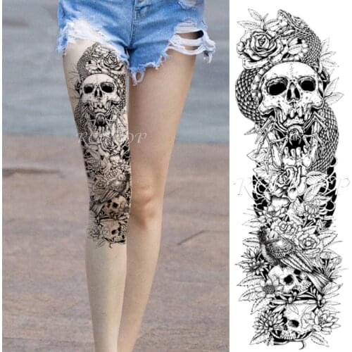 Waterproof Temporary Tattoo Sticker Skull Head Snake Flower Bird Black Full Arm Fake Tatto Flash Sleeve Tatoo for Men Women