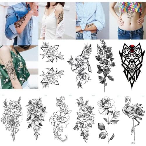 Waterproof Flower Temporary Tattoos Sticker Realistic Fake Black Rose Tatoos For Women Girl Body Art Arm Legs Tattoo