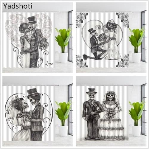 Yadshoti Shower Curtains Halloween Skull Skeleton Bride Hand Painted Eternal Love Theme Heart-shaped Pattern Flower Bathroom Set