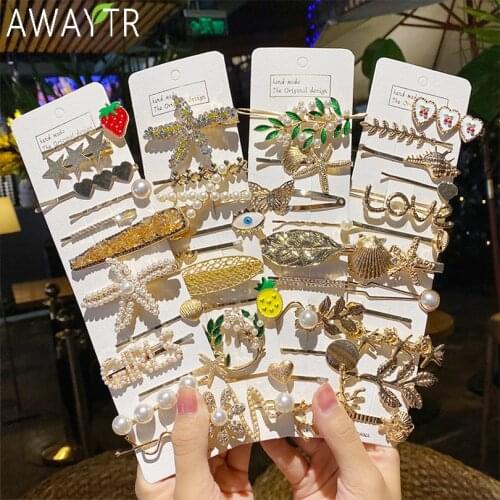 1Set Women Girls Barrettes Vintage Geometric Metal Pearls Hairpins Hair Ornament Headband Hair Clips Fashion Hair Accessories