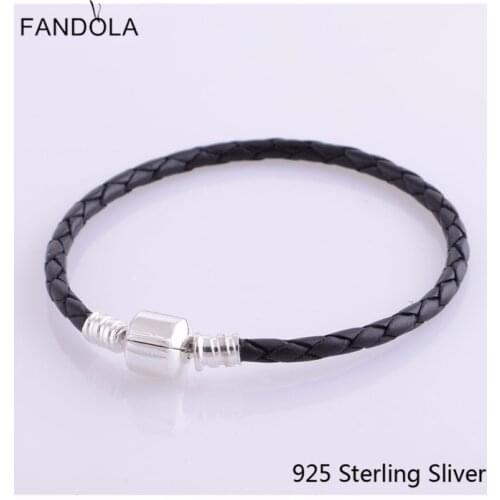 CKK 925 Sterling Silver Clasp Black Leather Weave Charm Bracelets Original Jewelry Making For For Beads & Charms