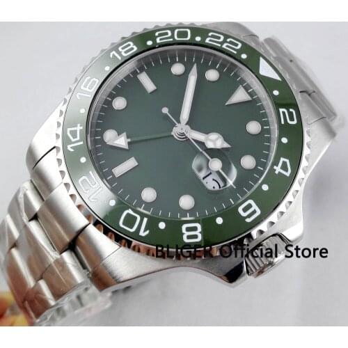 Sapphire Crystal BLIGER 43MM Green Sterile Dial Ceramic Bezel GMT Function Luminous Marks Automatic Movement Mens Wristwatch